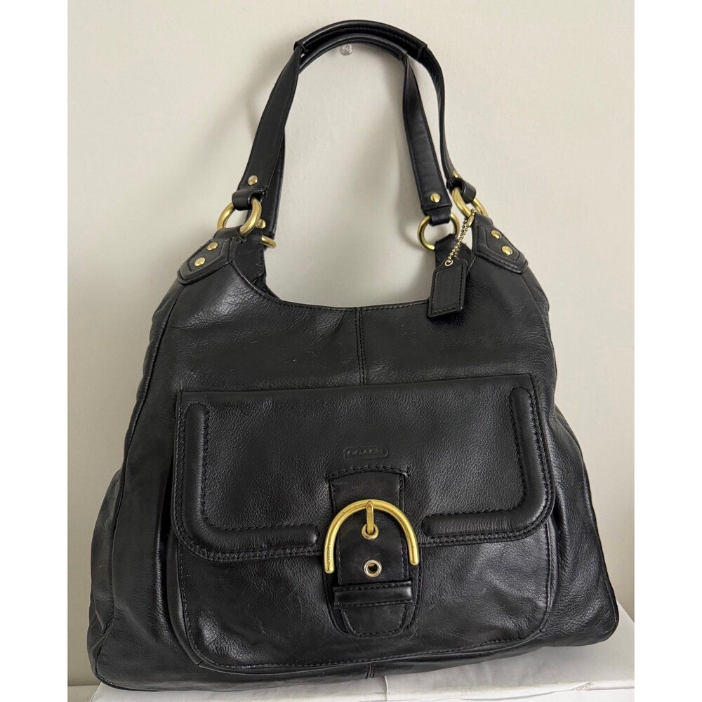 COACH Campbell Black Leather Large Hobo Shoulder Bag Chunky Brass Buckle